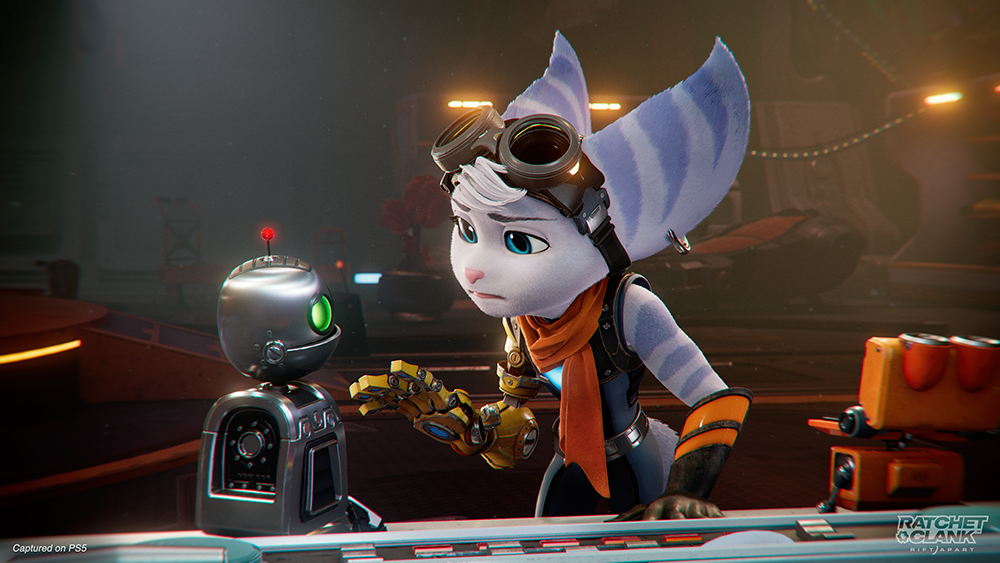 Ratchet & Clank-scène: een robot en een harig personage kijken elkaar aan. Donkere achtergrond.