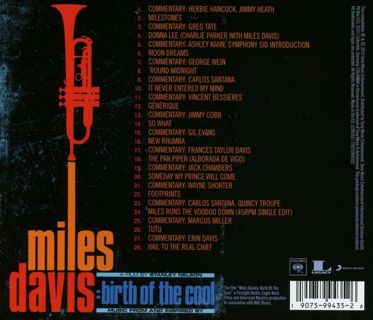 Albumhoes voor 'Miles Davis - Birth of the Cool'. Tekst, trompet en bruine achtergrond.