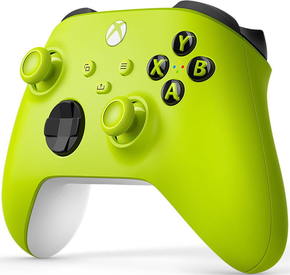 Green Xbox controller. Black buttons and joysticks, white base. Xbox logo on top.