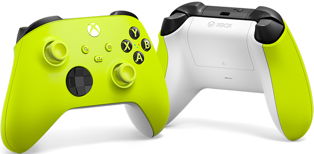 Xbox controllers, lime green and white, with buttons and logos visible.