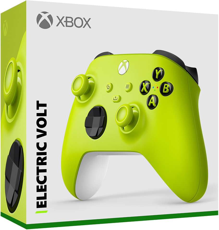 A lime green Xbox controller with black details and white base, placed in its box.