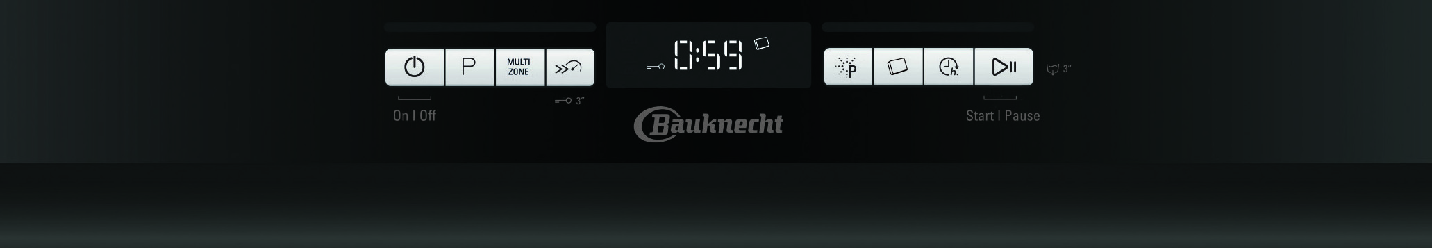 Schwarzes Bedienfeld mit Knöpfen und digitaler Anzeige.