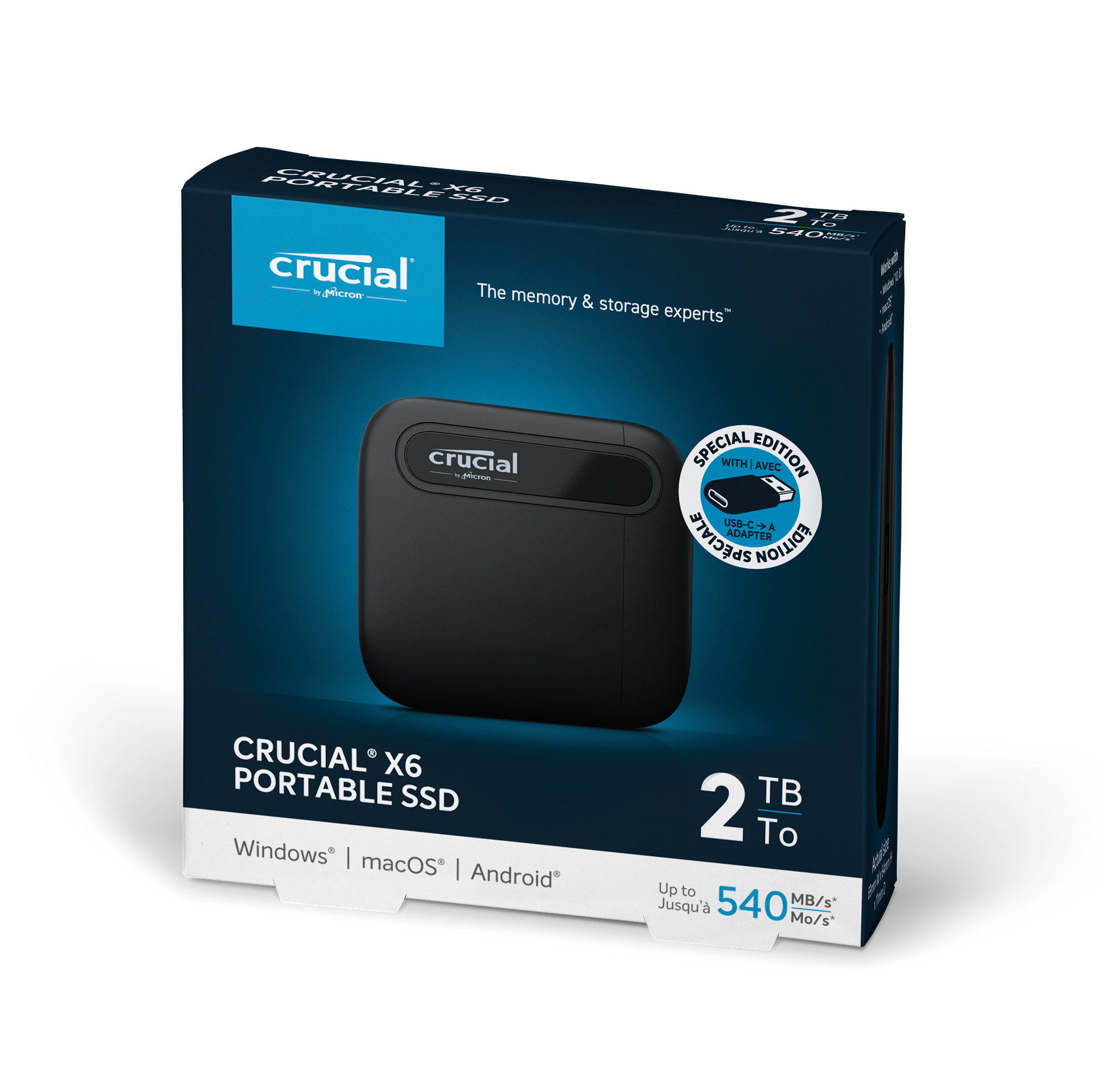 USB Festplatte, Schwarz 3.1 Gen X6 CRUCIAL mit USB TB 2 Sonderversion Typ-C 2 GB/s) Adapter (10 extern, SSD,