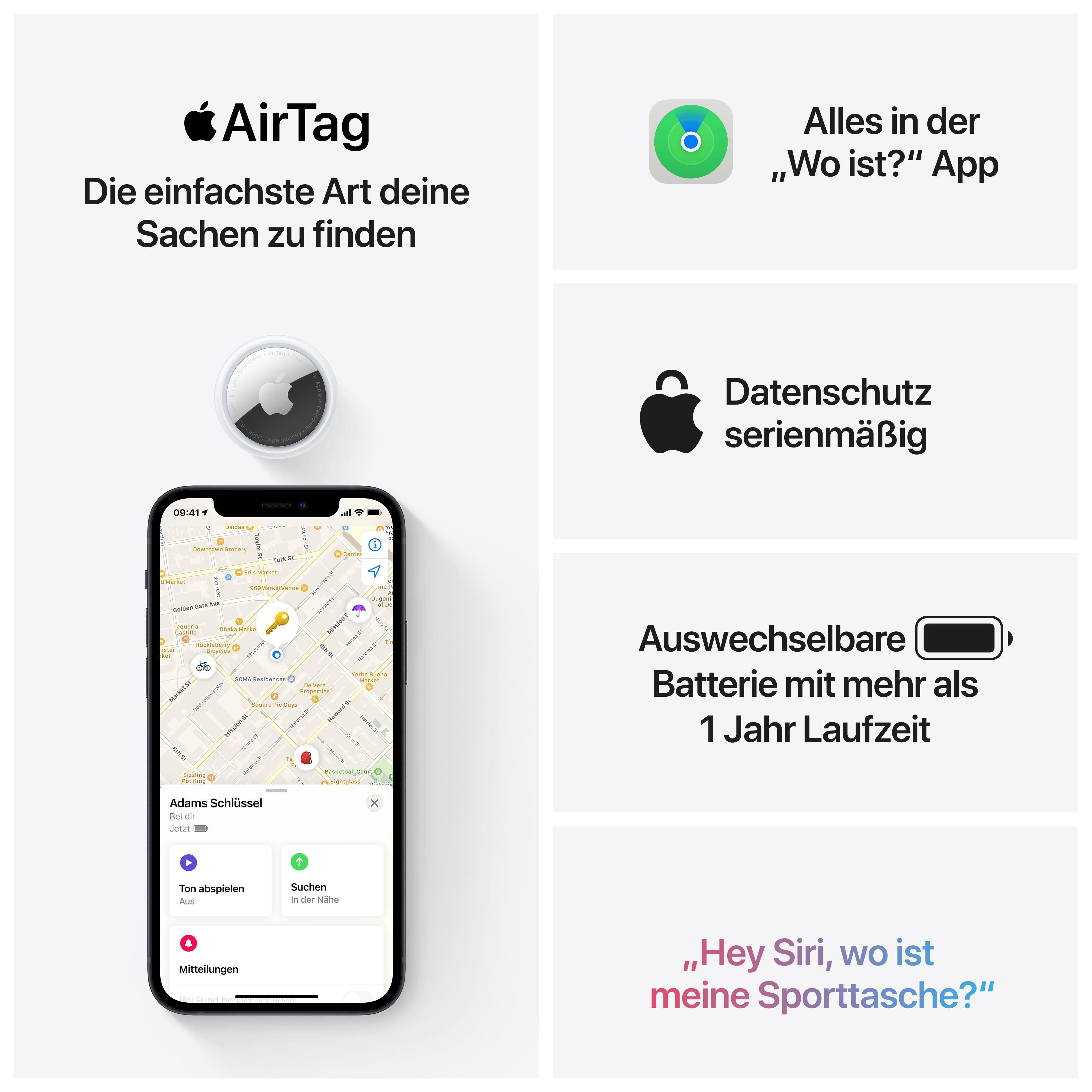 Ein Apple AirTag, ein Telefon mit Karte und Infografiken zu seinen Funktionen.