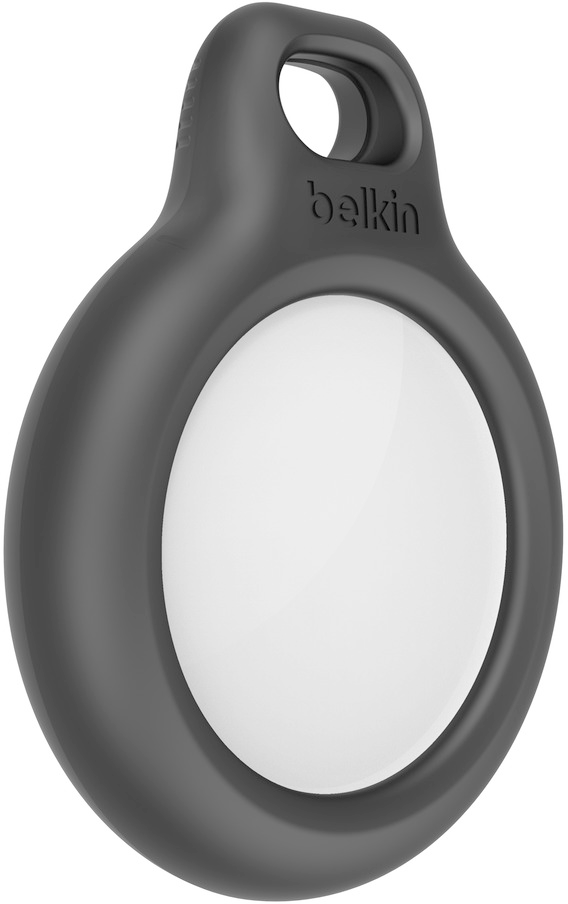 Close-up of a dark grey Belkin AirTag holder. The holder has a white center.