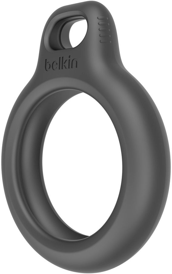 A black Belkin AirTag holder with a small loop for attachment.