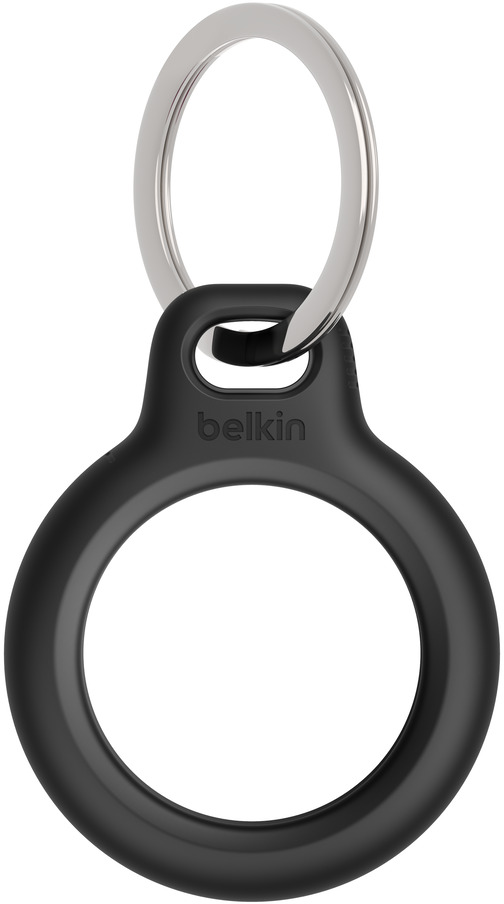 Black Belkin AirTag holder with a silver key ring. The background is white.