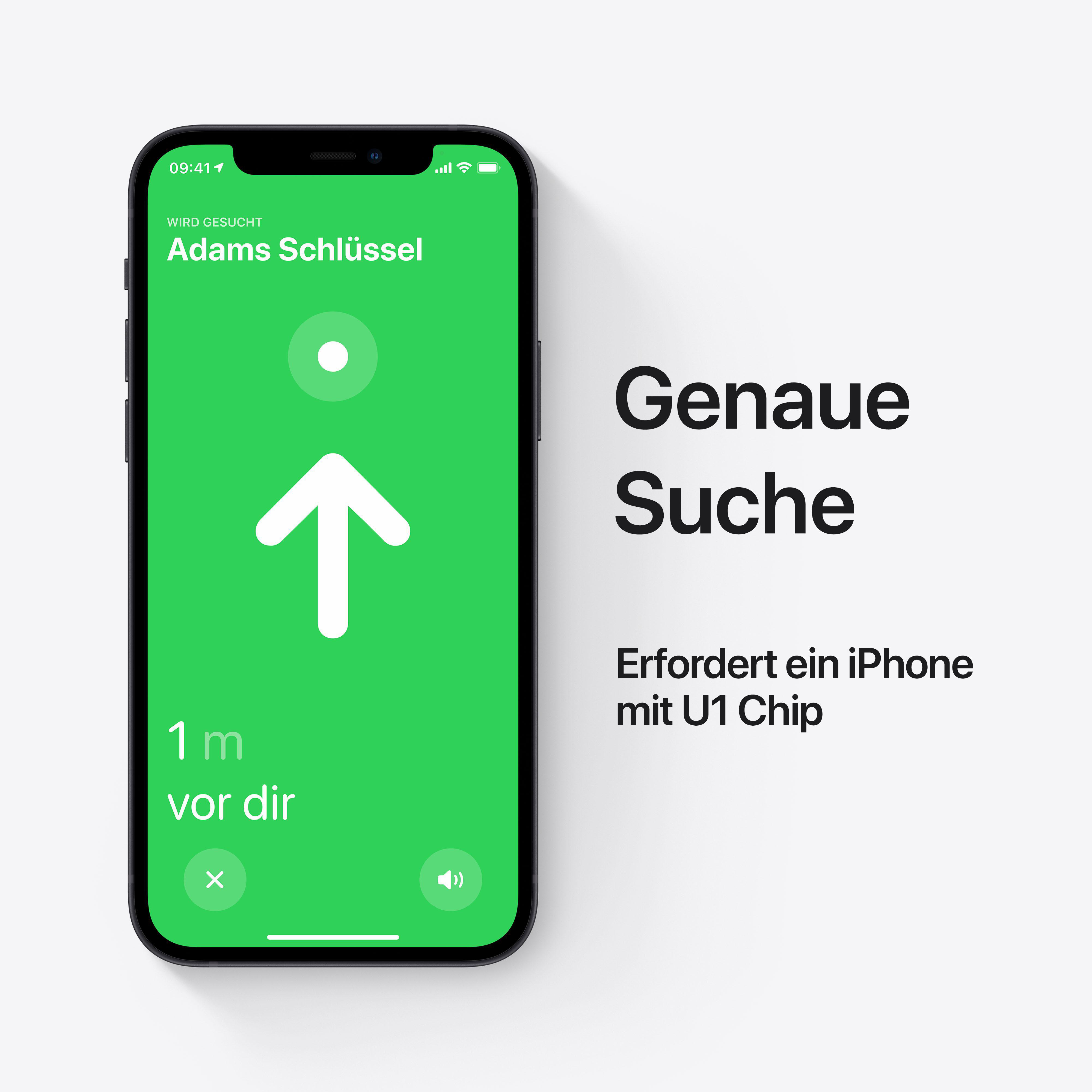 Grüner iPhone-Bildschirm, der den Standort eines Schlüssels mit einem Pfeil nach oben zeigt.