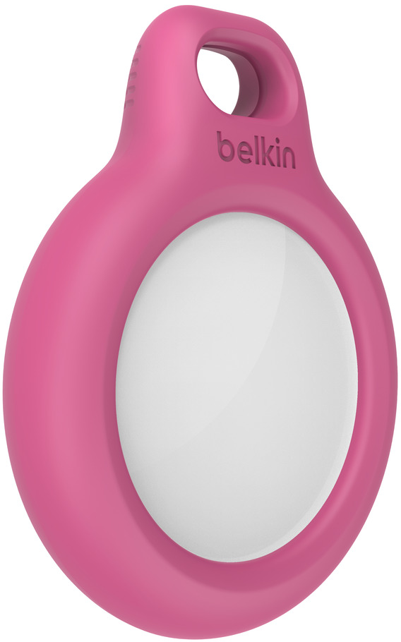 Pink Belkin AirTag. It is a small, round, pink tag with a white center.