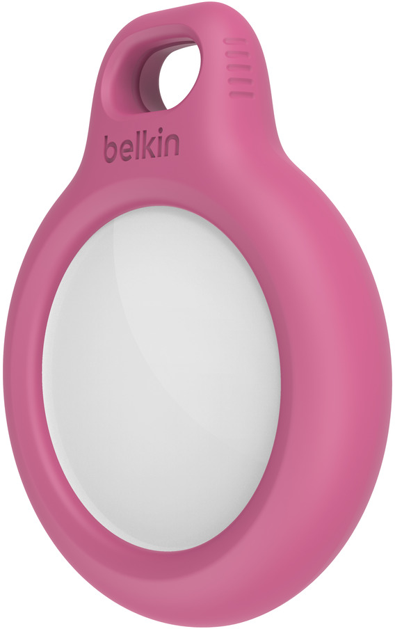 Pink Belkin tracker with a white center and the brand name visible.
