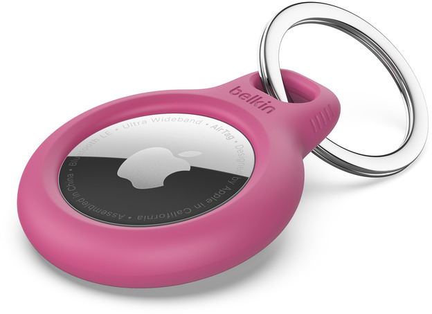 Pink Belkin AirTag on a silver keyring. Apple logo visible.