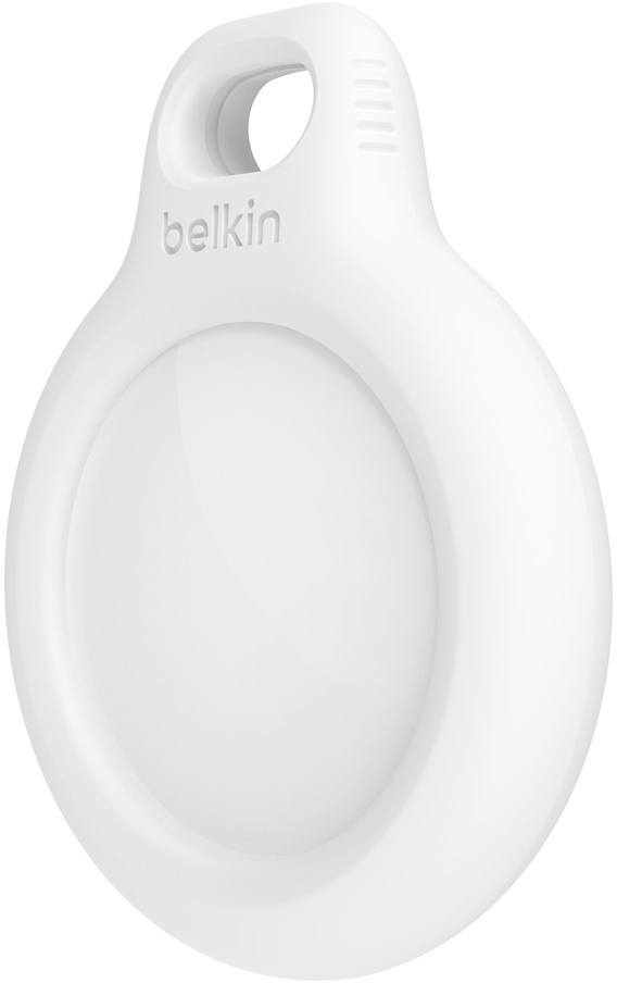 White Belkin AirTag, oval shape. White front with a hole for attachment. Belkin logo on top.