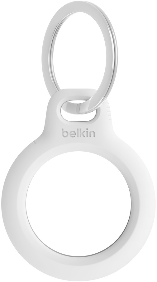 White Belkin AirTag holder with a keyring. Circular design with a hole for the tag.