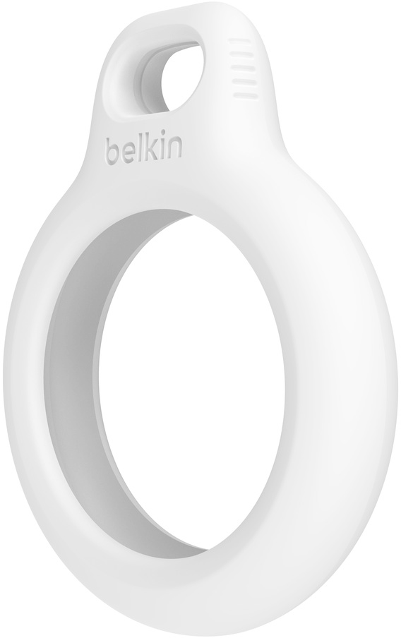 A white Belkin tag holder. It has a loop for attaching to items.