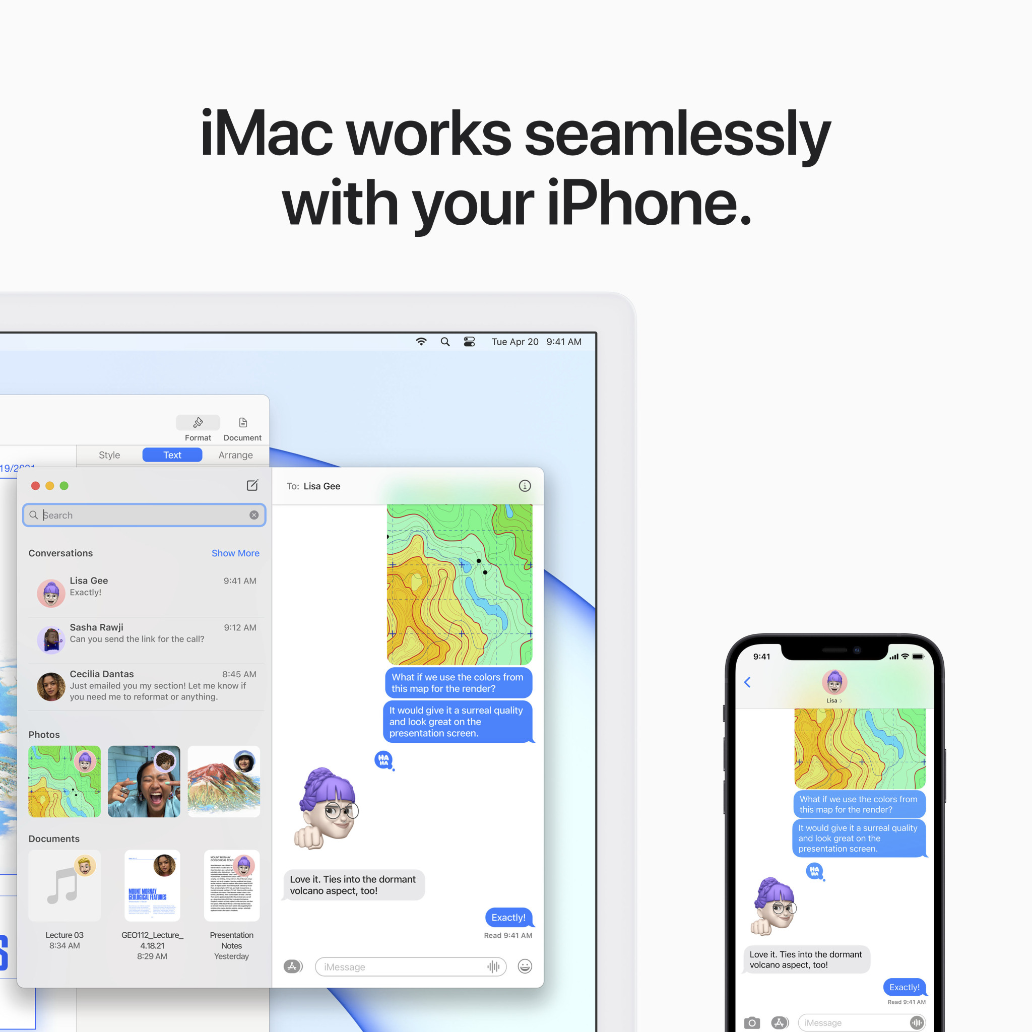 iMac und iPhone auf einem Schreibtisch. Text und Oberfläche gezeigt.