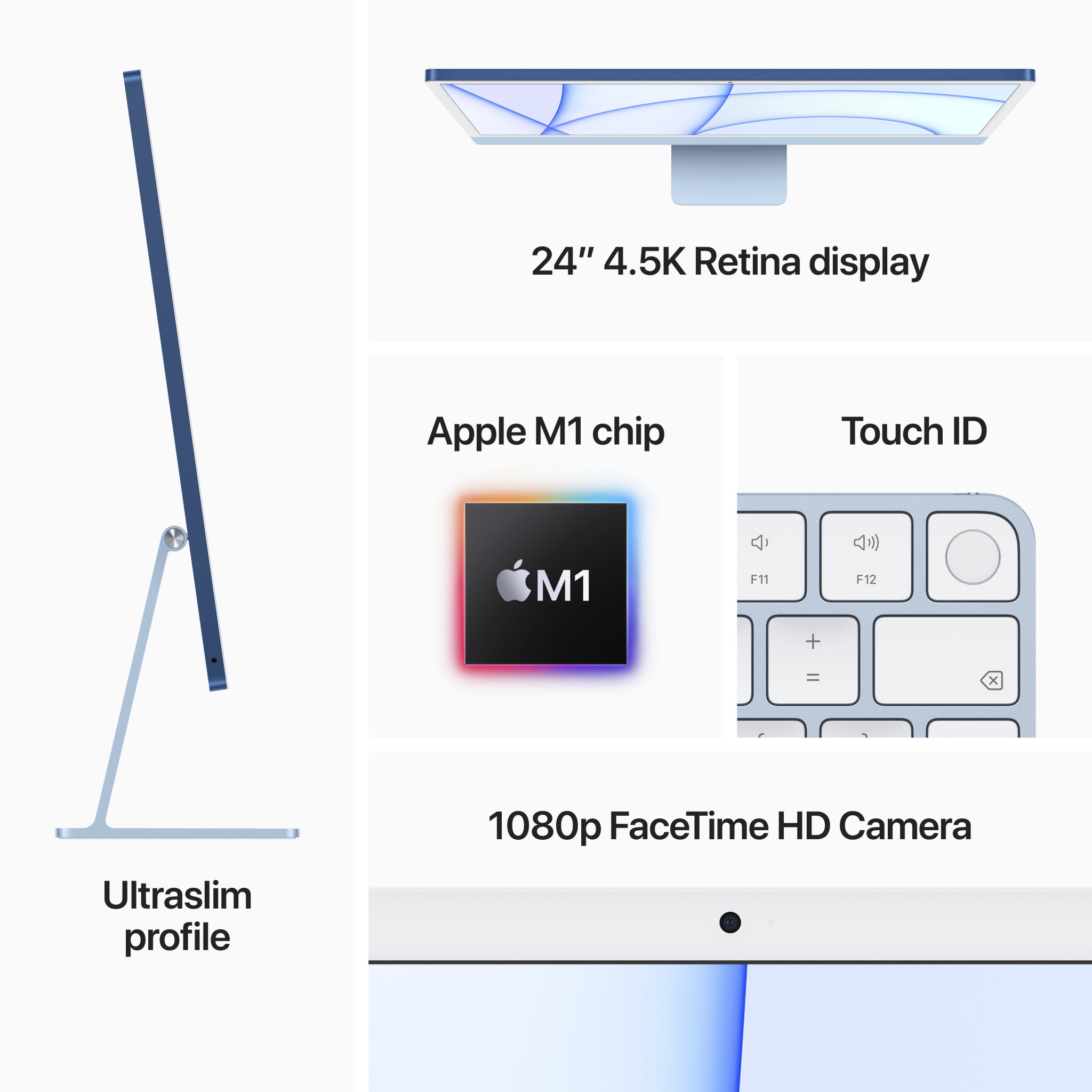 Details eines blau-weißen iMacs, die den Bildschirm, den Chip und die Tastatur zeigen.