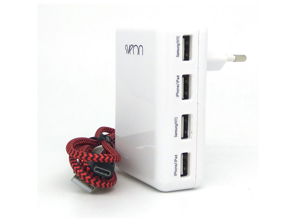 Pack cargador - Sveon SAC52, Compatible con Apple/Blackberry/Samsung/HTC/Motorola, 4 puertos USB, Blanco