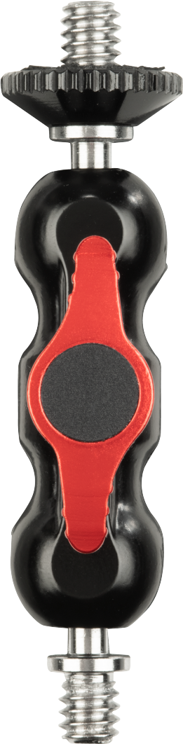 Une rotule de caméra noire et rouge avec des vis. Le fond est blanc.
