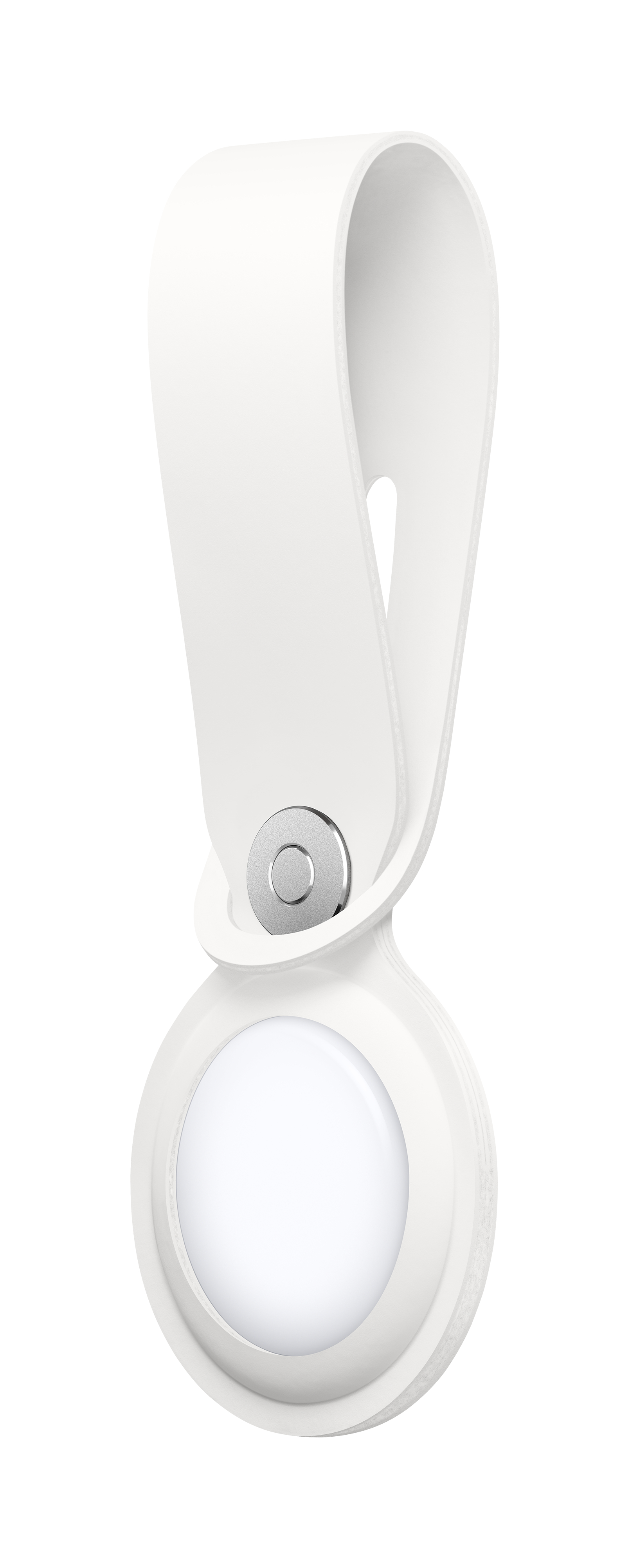 Weißer Apple AirTag-Halter. Es ist ein kreisförmiger Halter mit einer Schlaufe. Weißer Hintergrund.