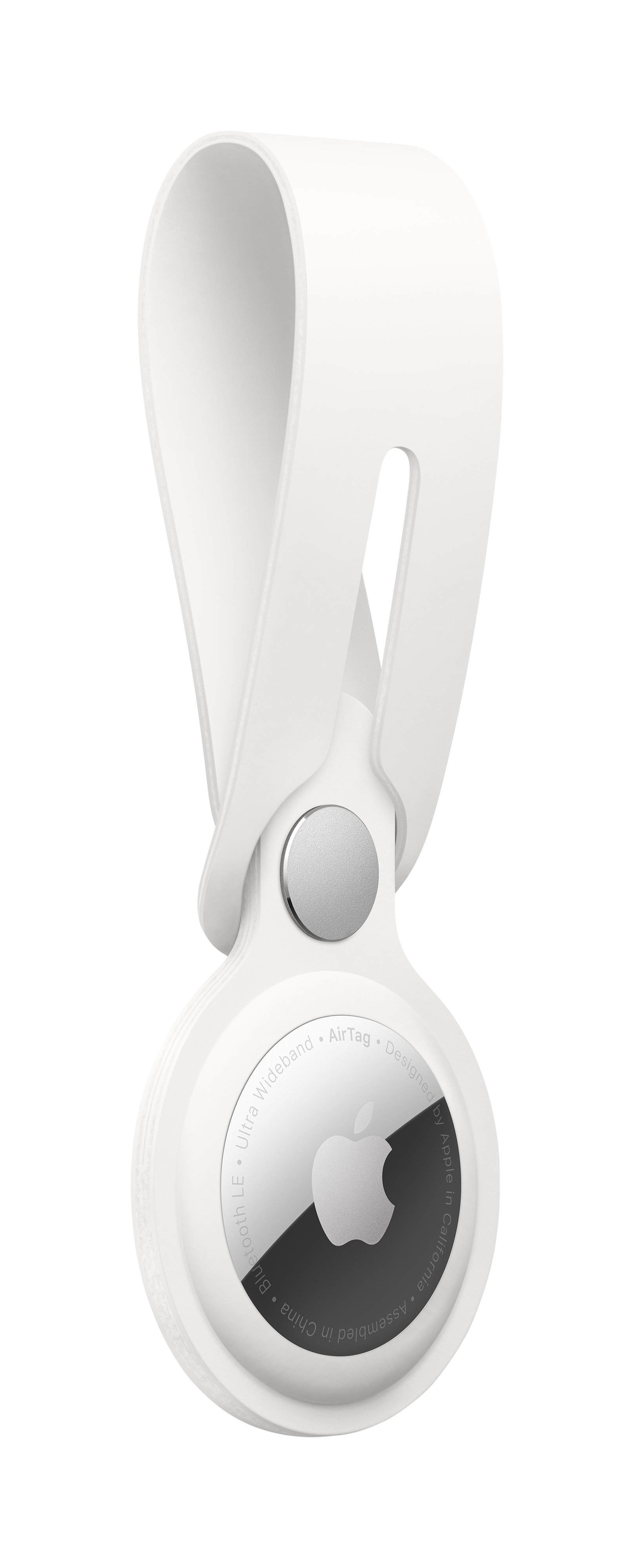 Weißes Apple AirTag mit Schlaufe und Apple-Logo, auf weißem Hintergrund.