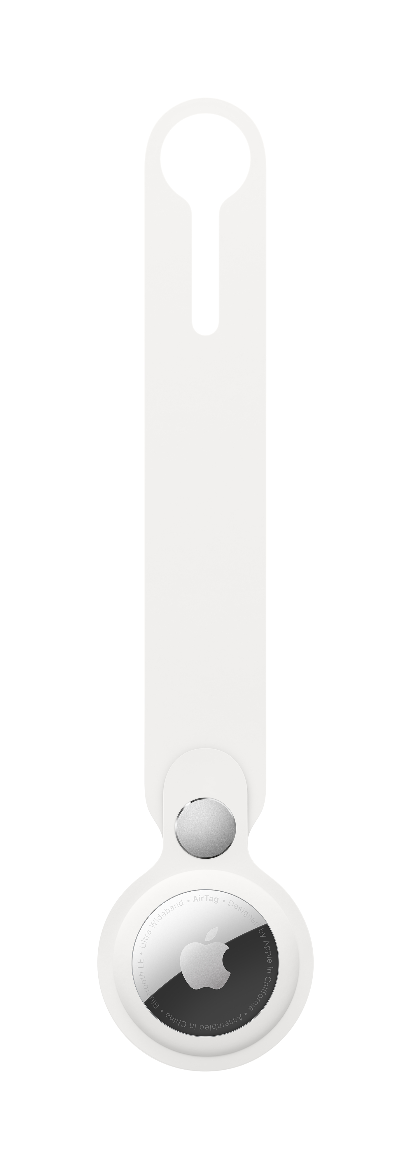 Weißes Apple AirTag mit schwarzem Zentrum und Apple-Logo. Weißer Riemen befestigt.