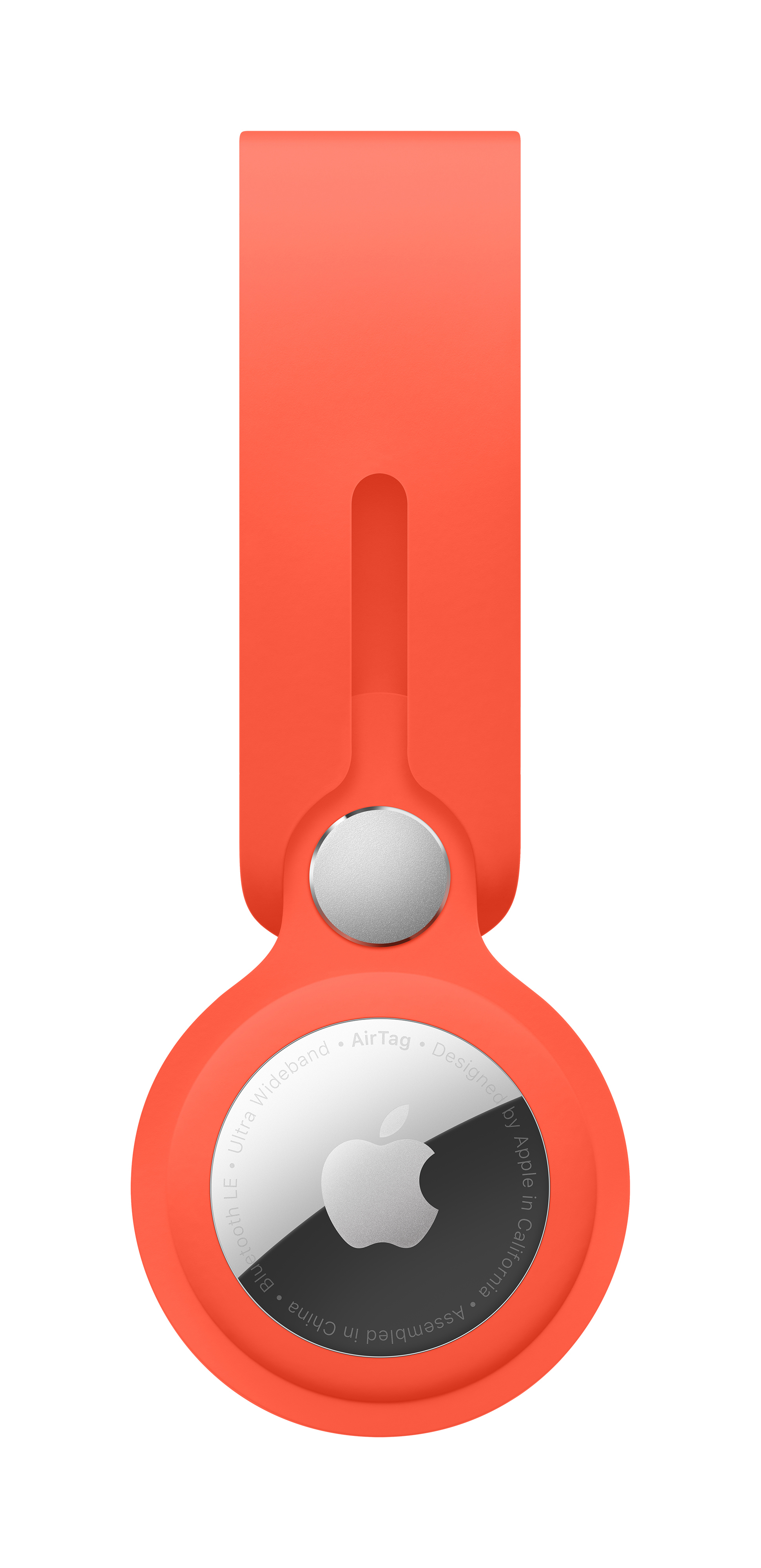 Ein orangefarbenes Apple AirTag mit weißem Apple-Logo.