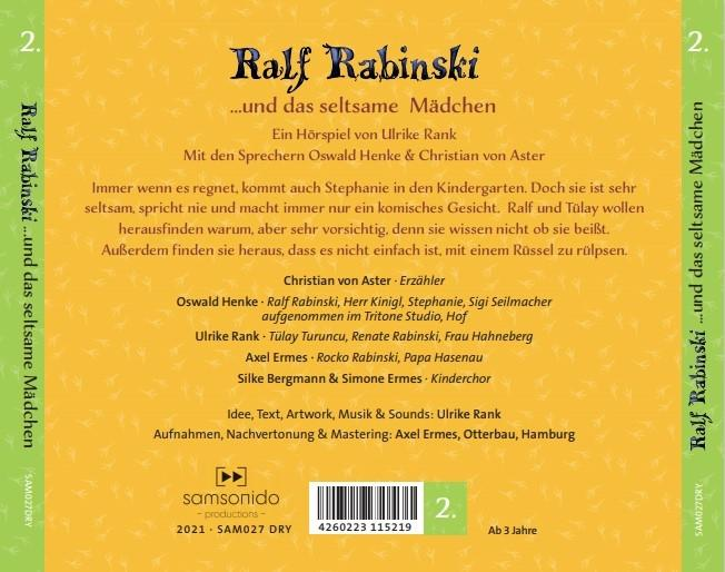 CD-Cover für 'Ralf Rabinski'. Deutscher Text, Titel, Autor und Besetzung auf gelb-grünem Hintergrund.