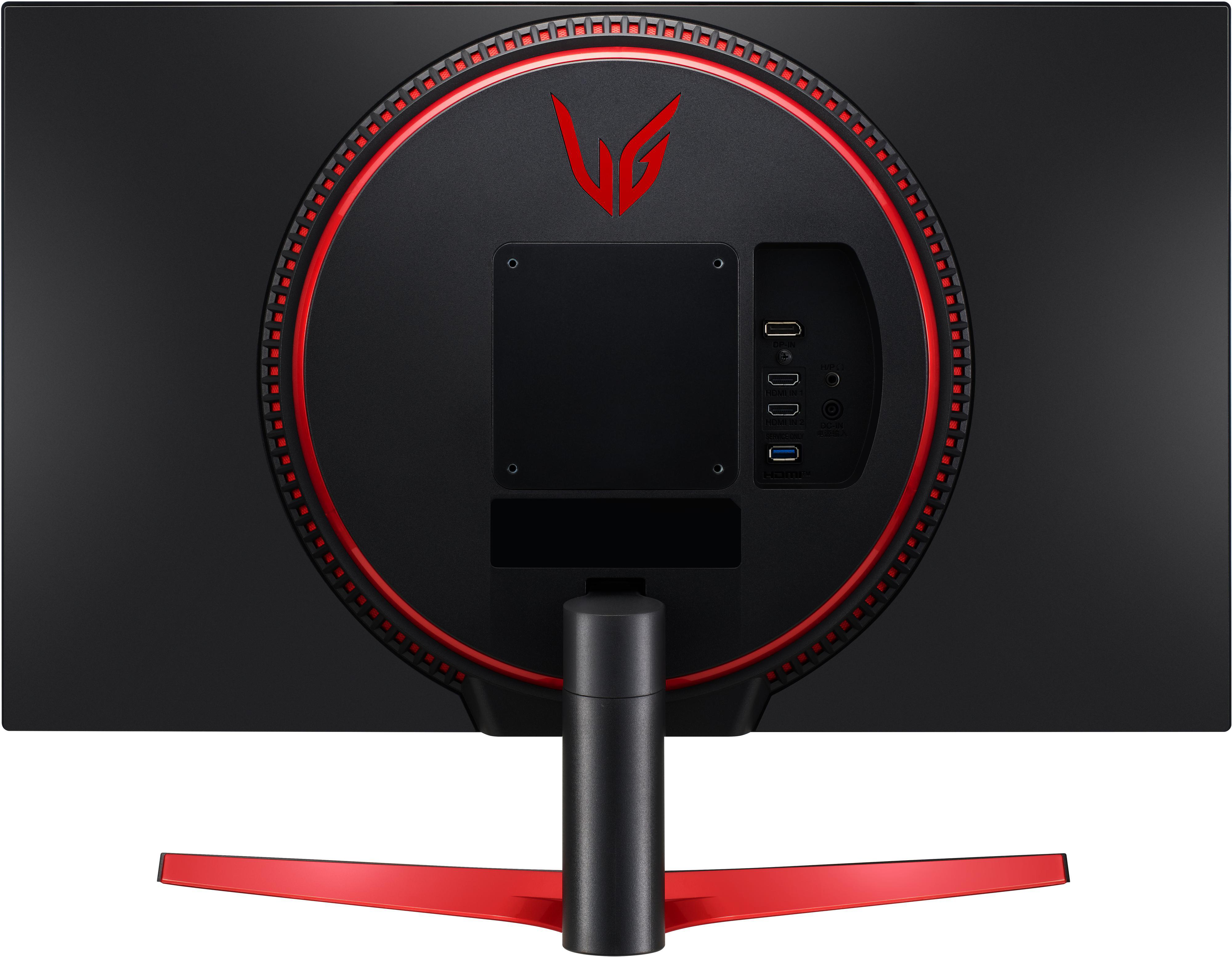 Die Rückseite eines LG Gaming-Monitors mit roten Akzenten, Anschlüssen und Logo.
