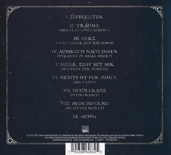 Albumrückseite mit weißen Songtiteln auf dunkelblauem Hintergrund. Enthält Etikett und Barcode.