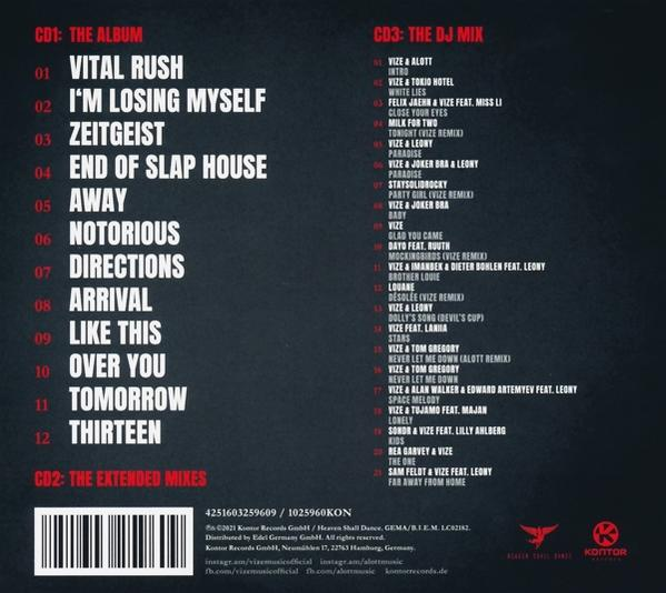 Album-Trackliste mit Titeln wie "Vital Rush", "I'm Losing Myself", "Zeitgeist" und "Tomorrow".