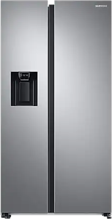 Stainless steel Samsung side-by-side refrigerator with ice and water dispenser on the left door.