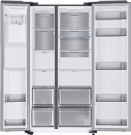 A refrigerator with open doors, showing shelves, drawers, and a white interior.