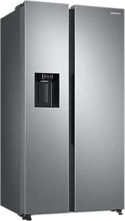 A stainless steel refrigerator with side-by-side doors. The left door has a water dispenser.