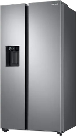 Silver Samsung side-by-side refrigerator with a water dispenser.