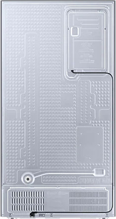 Silver refrigerator back panel with various components and a textured surface.