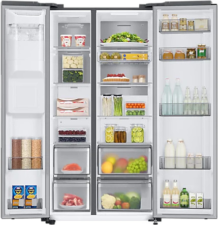 A large refrigerator with opened doors, displaying various food items in compartments.