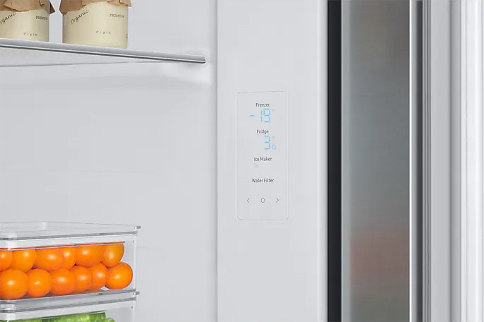 Refrigerator display showing temperature settings for freezer, fridge, and ice maker.