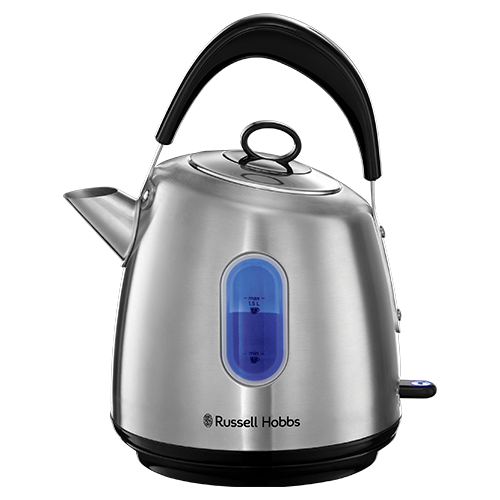 Roestvrijstalen Russell Hobbs waterkoker. Blauwe waterniveau-indicator, zwarte handgreep en voet.