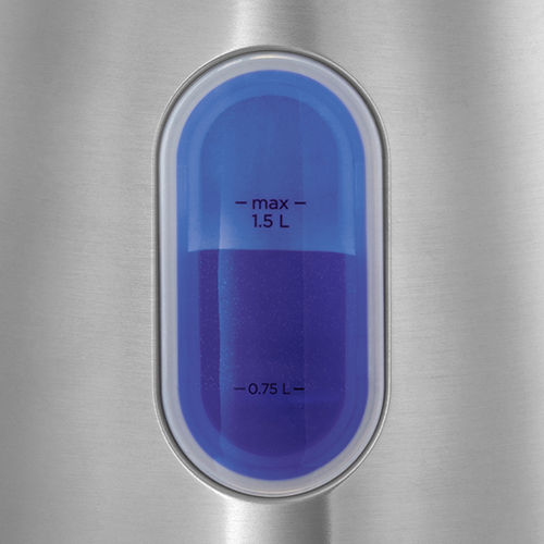 Rvs waterkoker met een blauwe waterniveau-indicator, close-up.