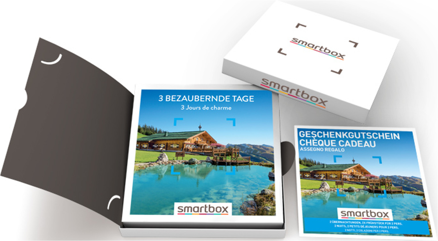 Set regalo Smartbox con scatola aperta, brochure e coperchio. Presenta una vista montana.