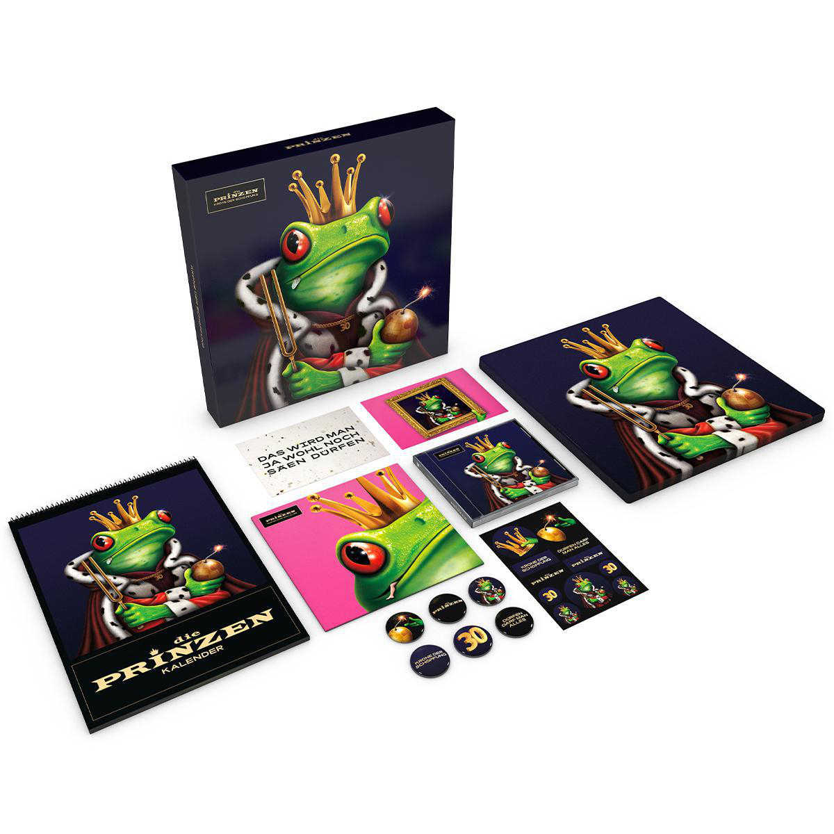 Verschiedene Spielkomponenten sind angeordnet. Es gibt eine Box mit einem Frosch darauf und andere Spielteile.