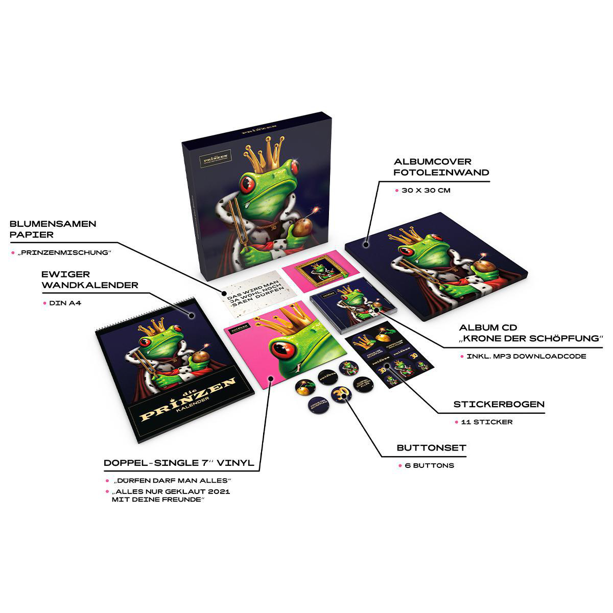 Werbebundle mit Froschkönig-Kunst, darunter Album, Kalender, Vinyl, Aufkleber und Knöpfe. Verschiedene Artikel mit deutschem Text.