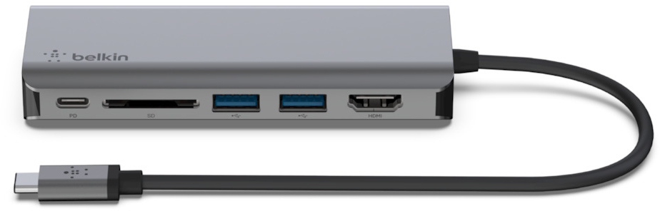 Belkin USB-C hub with multiple ports: PD, SD, USB, and HDMI.