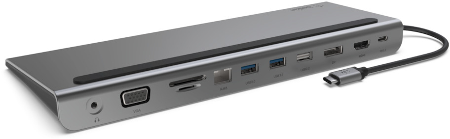 A silver docking station with multiple ports, a black cable is connected to the right side.