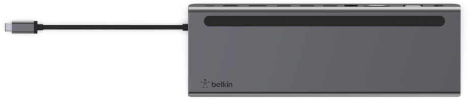 Dark grey Belkin USB-C hub with multiple ports and a black cable.