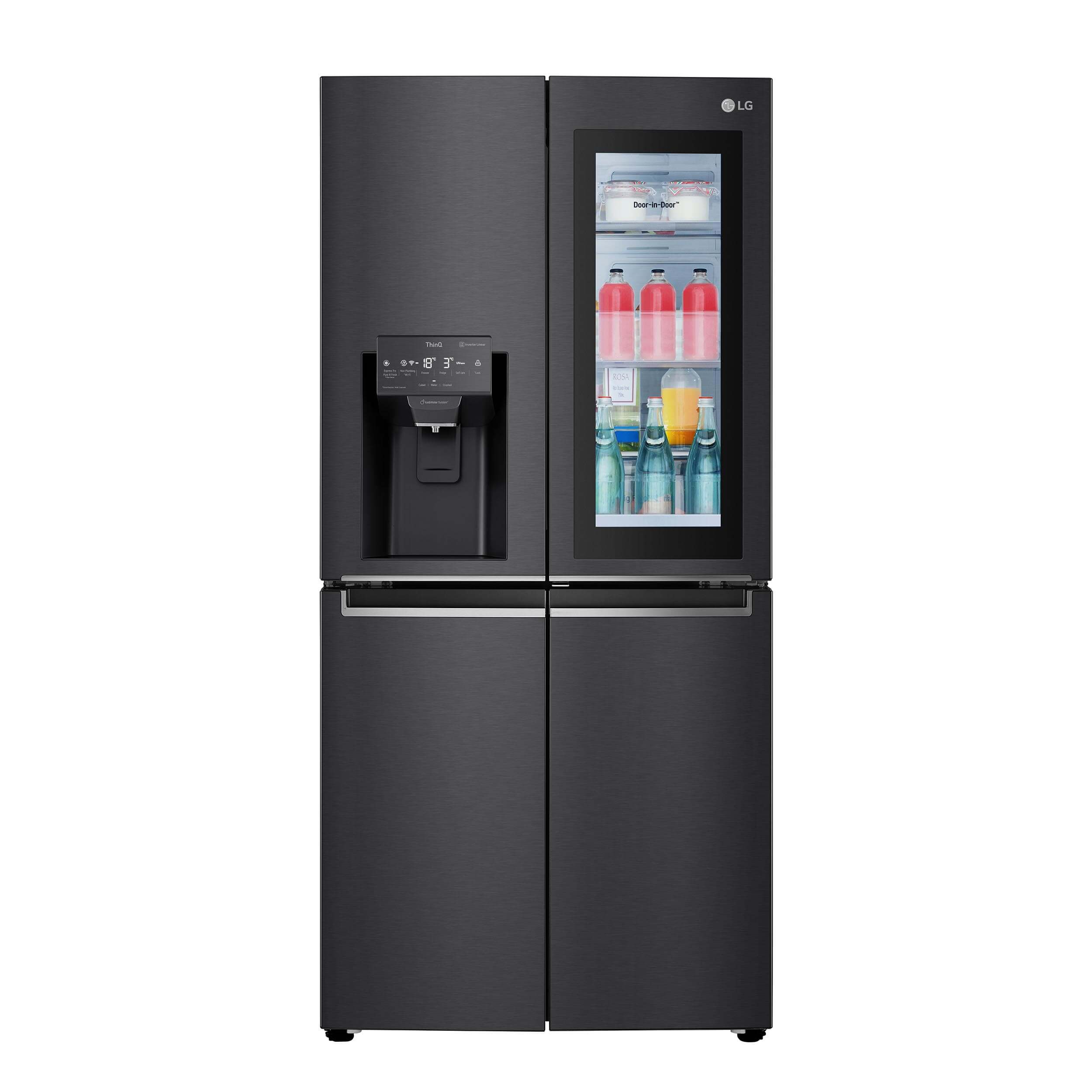 Schwarzer LG-Kühlschrank mit Eis- und Wasserspender. Glastür mit Gegenständen.