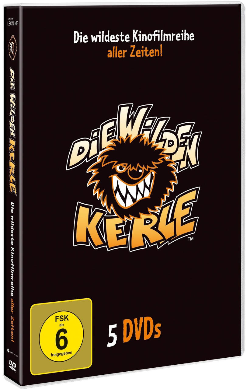 DVD-Hülle mit orangefarbenem Logo und Text, schwarzer Hintergrund. Es steht 'Die Wilden Kerle' und '5 DVDs'.
