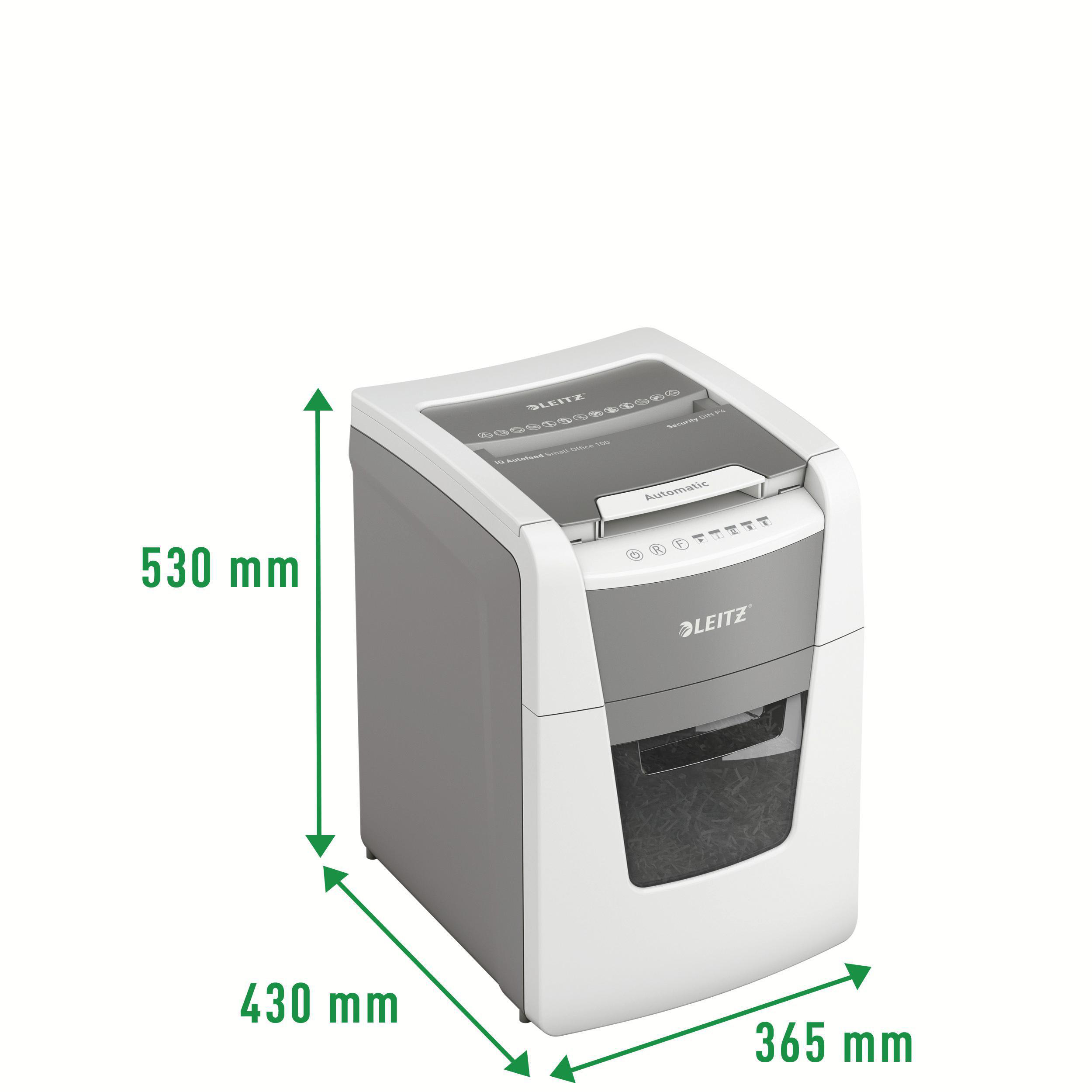 Ein Leitz-Aktenvernichter, weiß und grau, mit markierten Abmessungen. Der Schredder hat einen sichtbaren Papierkorb.