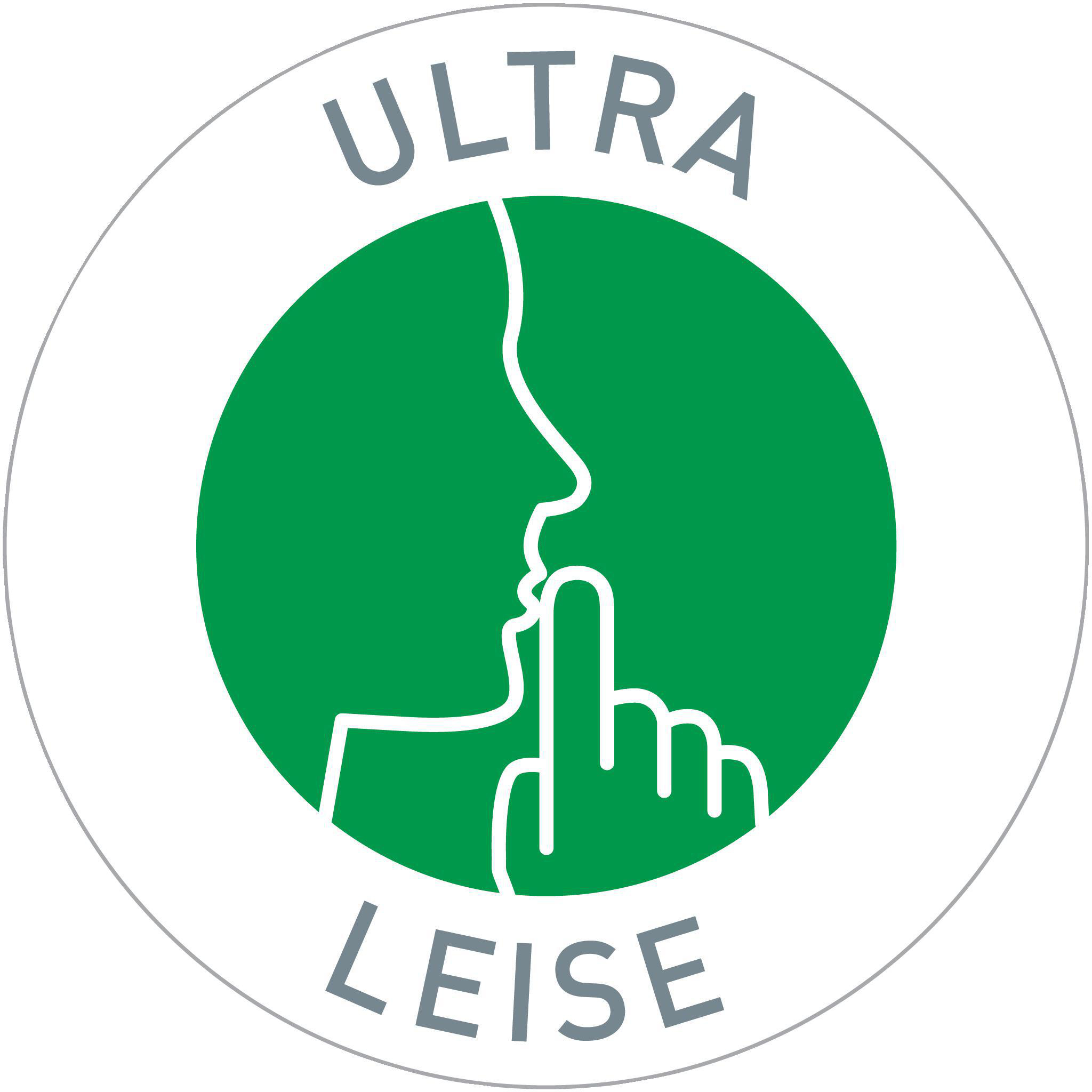 Ein grüner Kreis mit weißem Umriss zeigt das Profil eines Gesichts mit einem Finger an den Lippen. Text: 'ULTRA LEISE'.