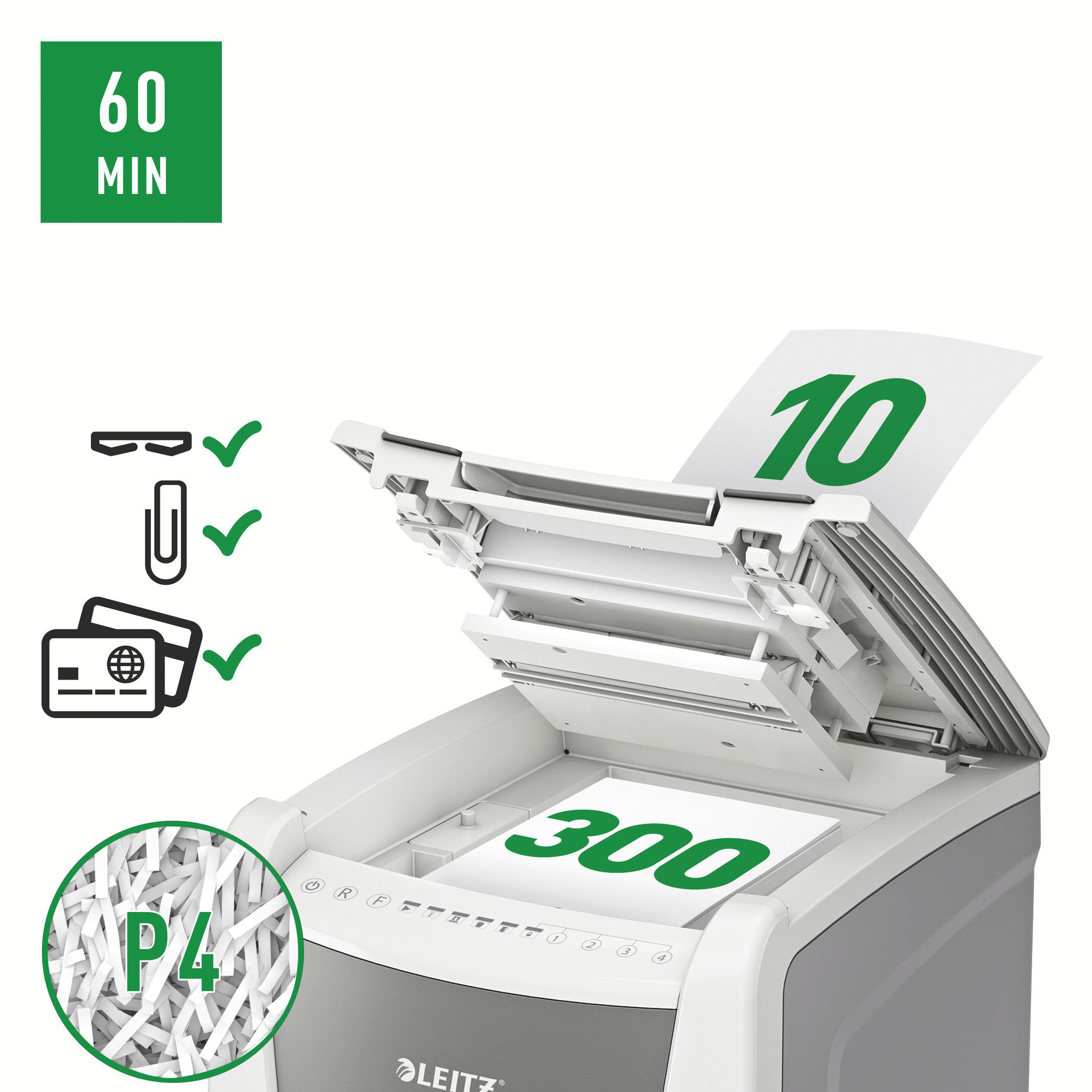 Ein Aktenvernichter mit grünen Akzenten. Es hat ein Blatt Papier mit der Nummer 10. Der Text 300 ist sichtbar.